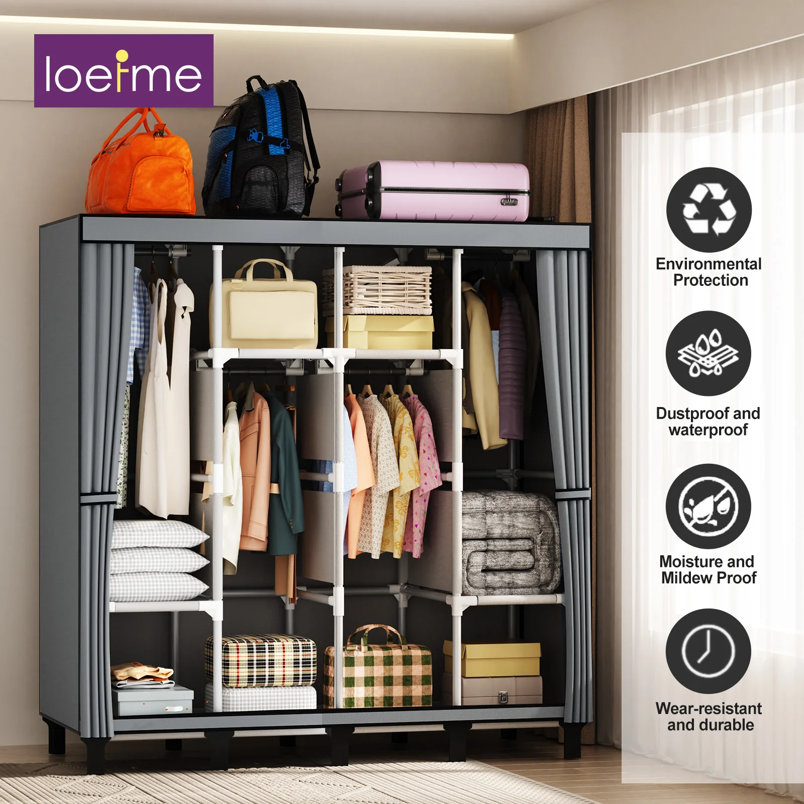 Loefme toile armoire vêtements placard organisateur Portable armoire de rangement pour chambre 170*45*175 installation facile placard en tissu