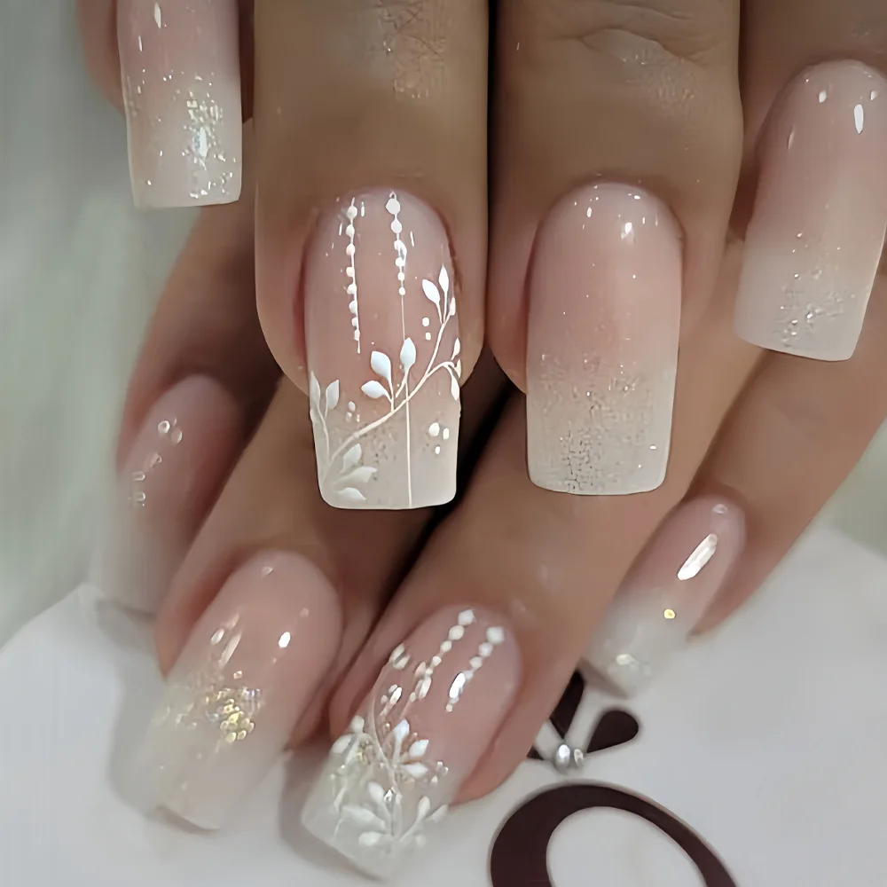 24pcs Mid-length Square False Nails Colorful Flower Full Cover Nail Tips Fashion French Fake Nail Wearable Press on Nails Sets