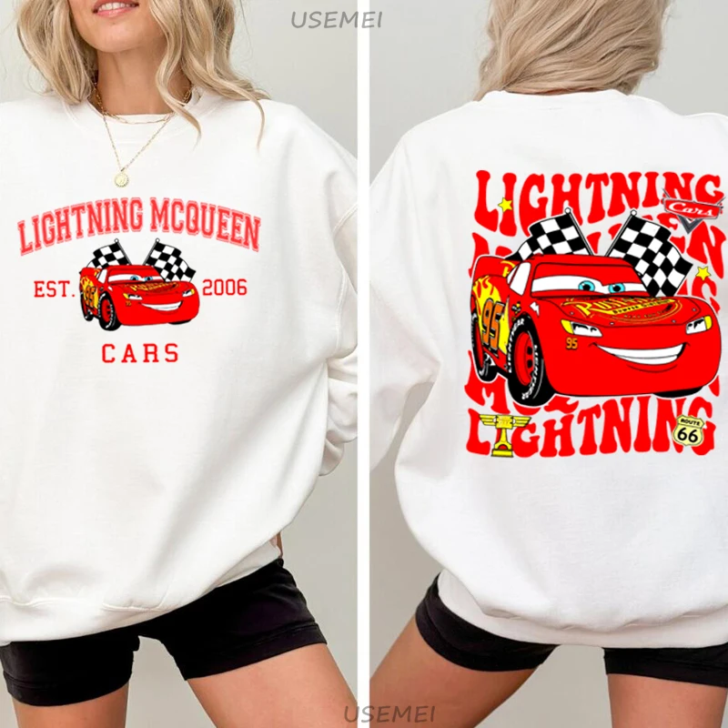 Lightning McQueen เสื้อสเวตเตอร์คอกลมแขนยาวมีฮู้ดแขนยาวลายกราฟฟิคฮาราจูกุตลกๆสำหรับผู้ชายผู้หญิง