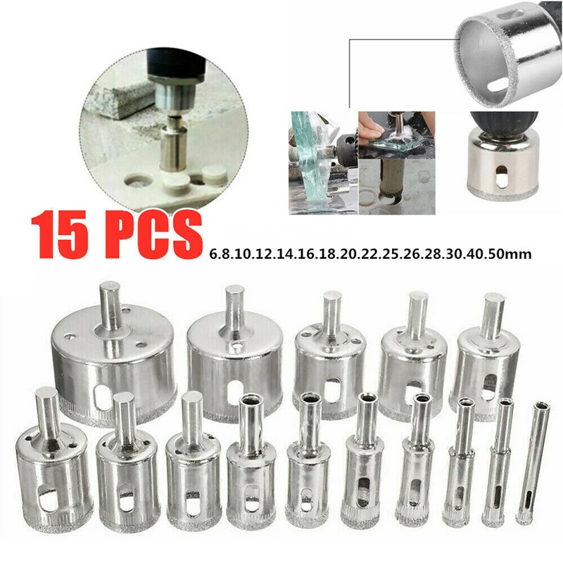 

10/15pcs Set Tile drill bit Set Diamond Coated Tile Marble Glass Ceramic Hole Saw Drilling Bits Power Tools Accessories