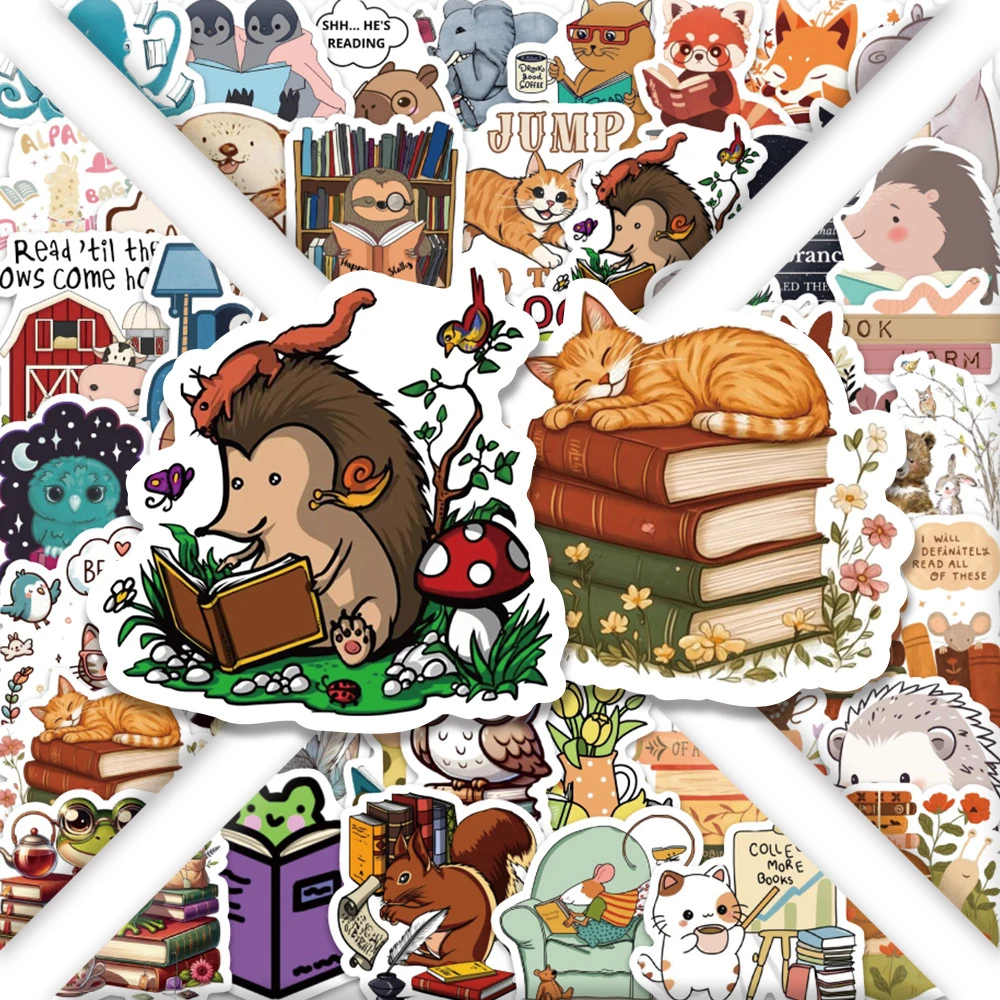 10/30/60pcs Funny Animal Books Reading Stickers Cute Cartoon Graffiti Decals DIY Motorcycle Phone Guitar Waterproof Sticker Toys
