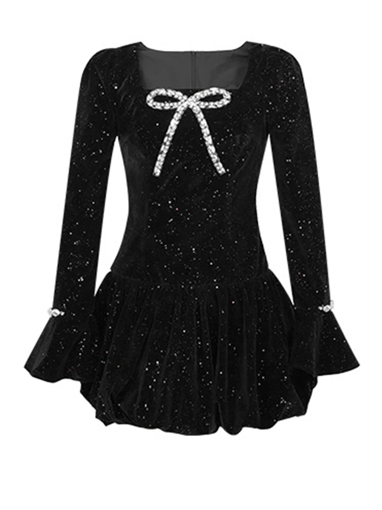 Mulheres roupas de noite retro preto brilhante sexy pescoço quadrado magro vestido curto elegante senhora festa baile aniversário outono inverno