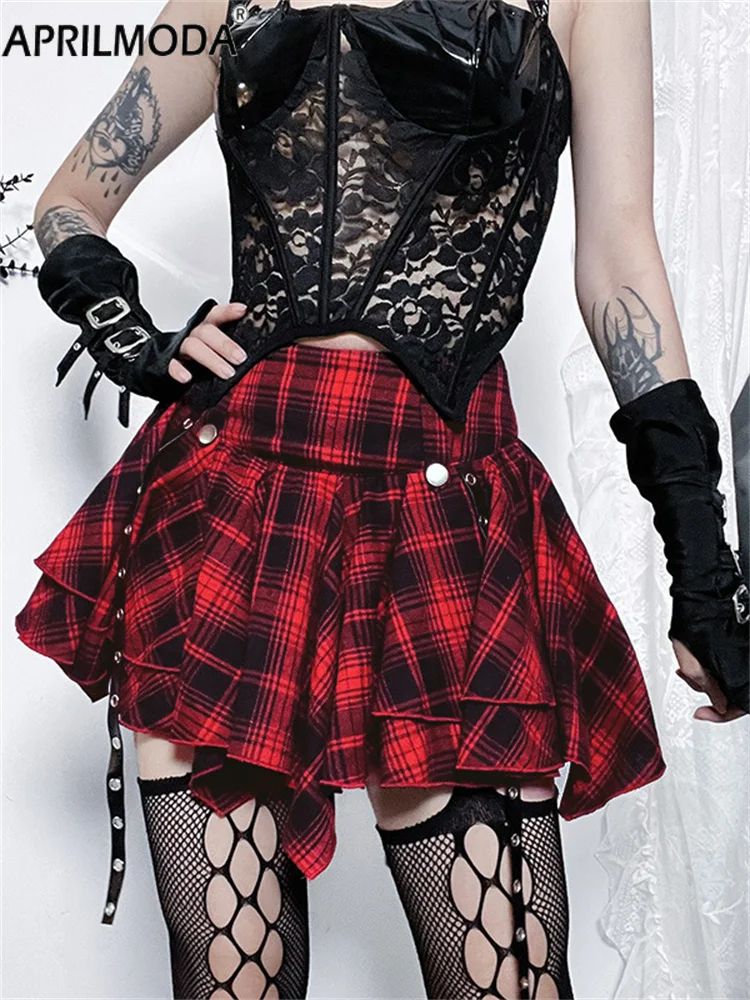 

2024 Summer Gothic Steampunk Mini Red Plaid Print Skirt High Waist Tassle Irregular Hem Ruffle Harajuku Kpop Dance Party Dresses