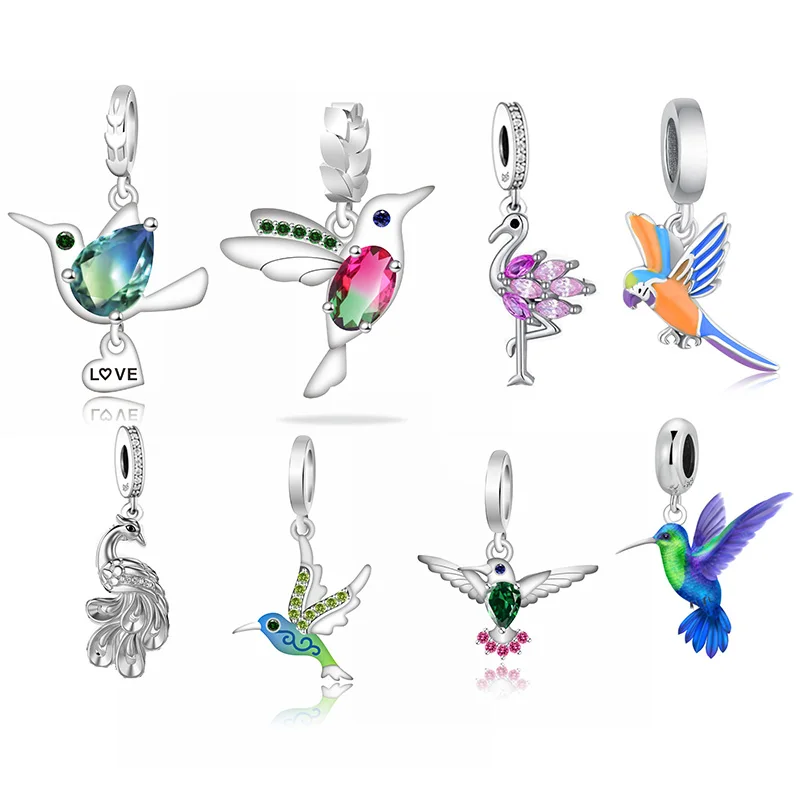 

Fit Original Pan Charm Bracelet 925 Sterling Silver Animal Bird Hummingbird Peacock Parrot Bead For Making Women Berloque DIY