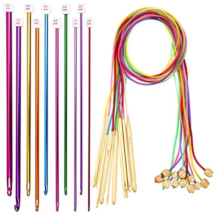 

23 Pieces Tunisian Crochet Hooks Kit Including 12pcs 3-10 mm Bamboo Knitting Needle with Bead Carbonized Bamboo Needle + 11pcs