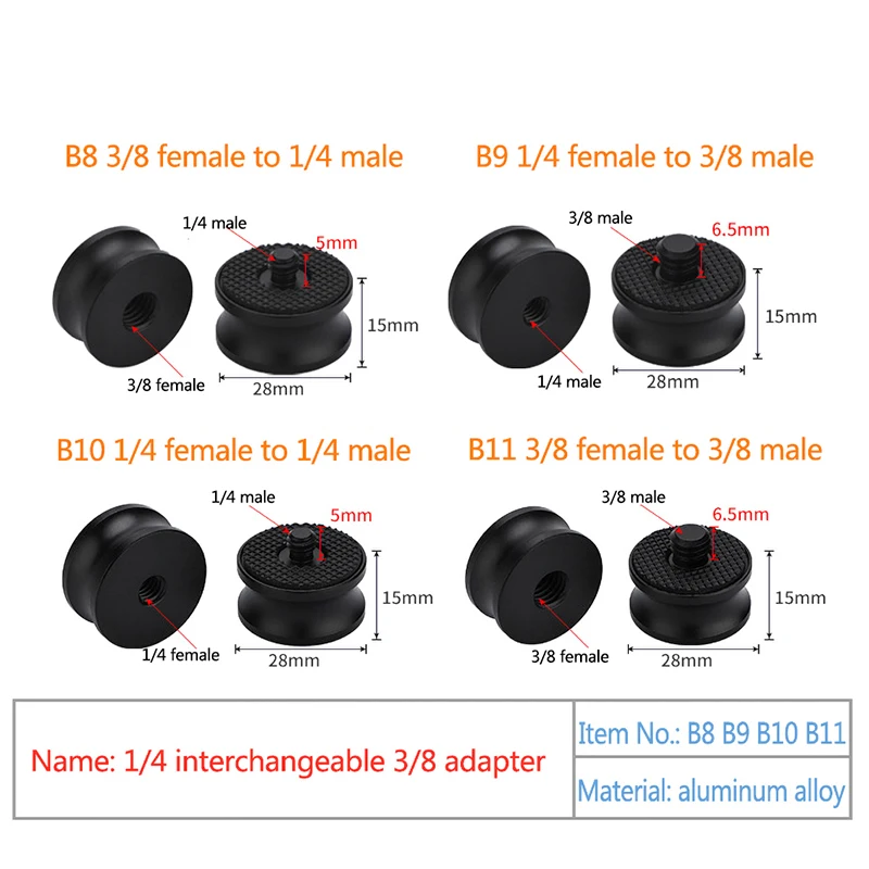 Fêmea para macho rosca Adaptador Tripé Bola cabeça, monopé Mount, Ballhead, Camera Light Stand, 3/8"