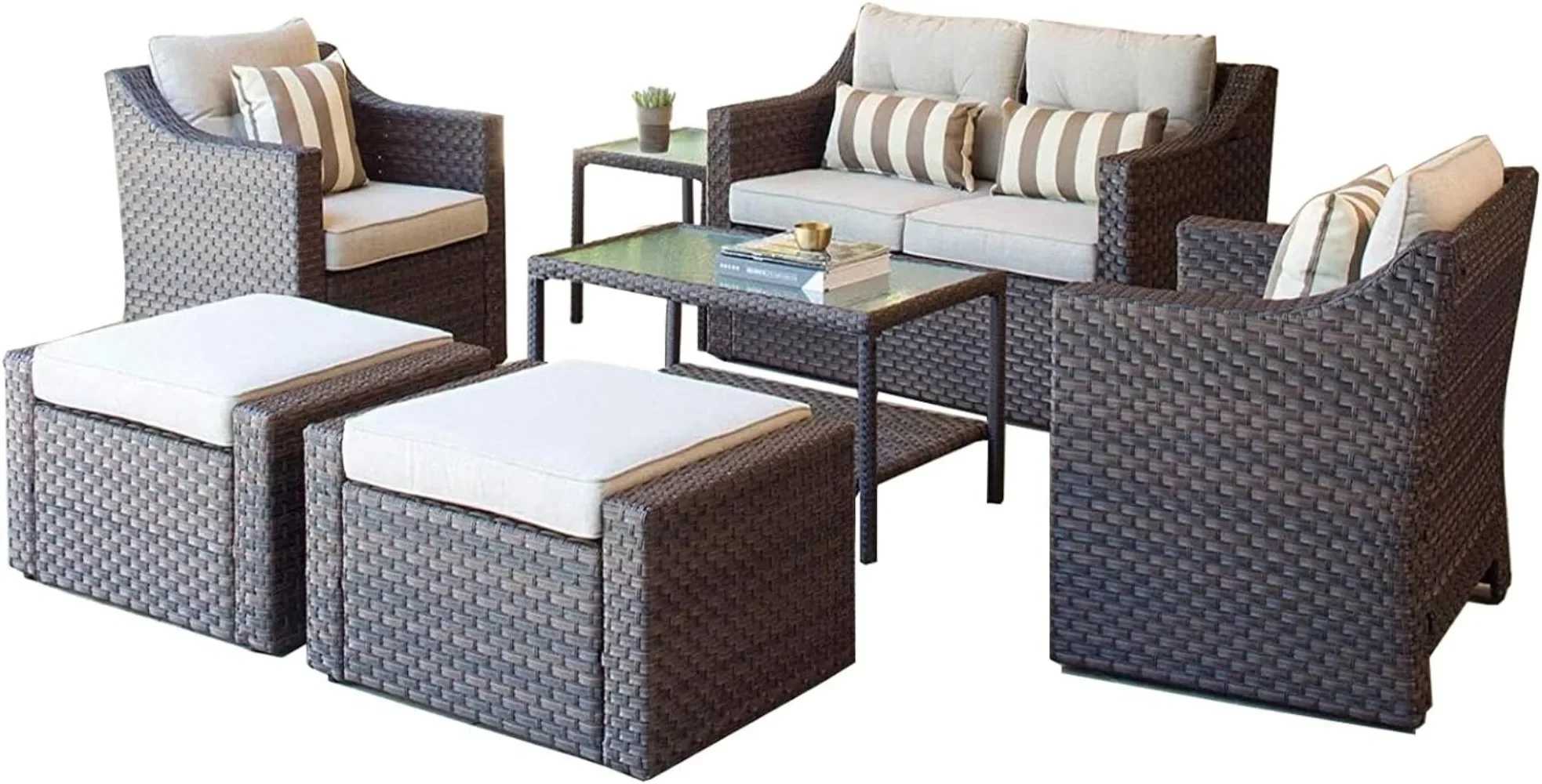 Outdoor Brown Wicker Conversa Móveis Set, Pátio Lounge Cadeiras com Otomano, Loveseat, 7 pcs