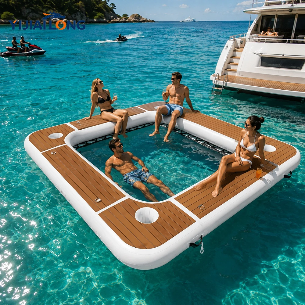 

Inflatable Water Hammock Square Floating Ring 8X8FT-EVA Covered Inflatable Dock Floating Platform for Lake Ocean W/Cupholder