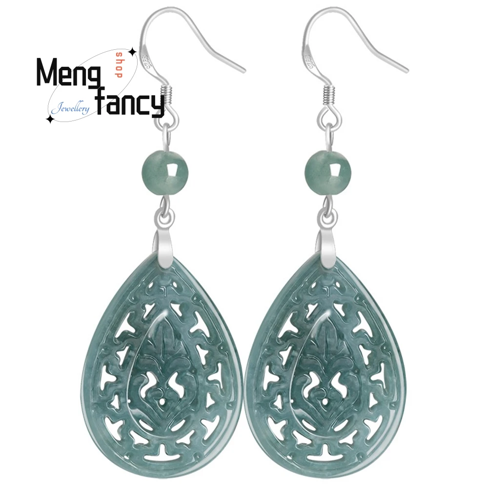 Popular A Natural Jade Elegant Vintage Hollow Carved Earrings Bean Seed S925 Silver Inlaid Jade National Women's Earrings