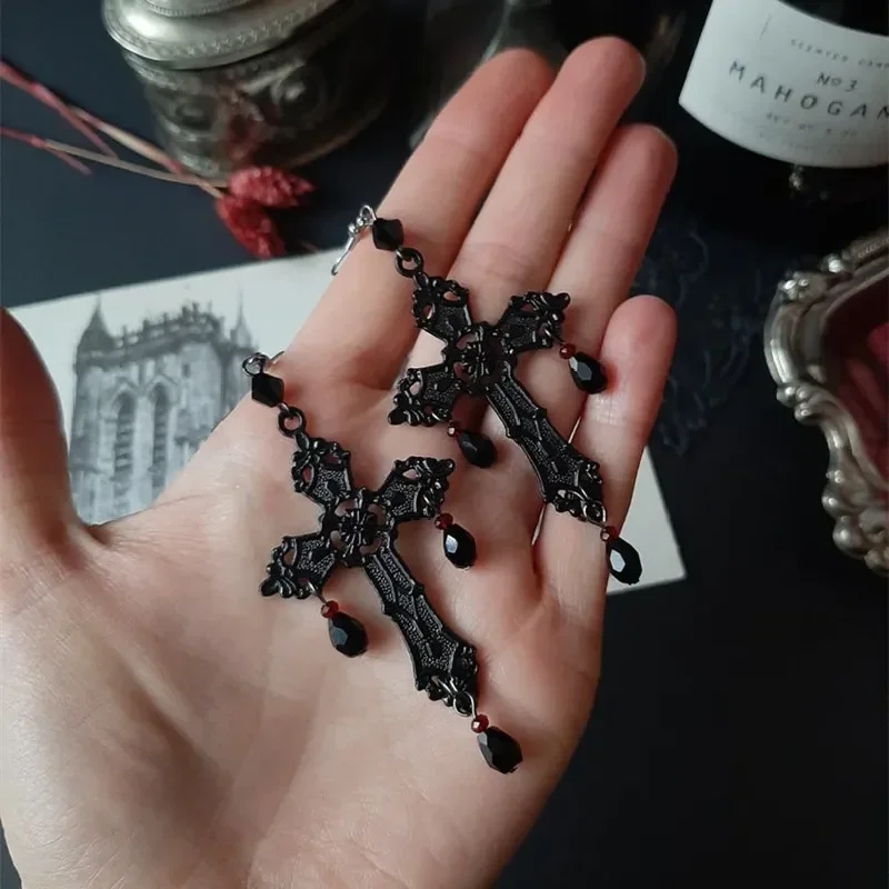 Gothic Black Cross Garnet and Crystal Chandelier Earrings Large Statement Trad Goth Witchy Jewelry Fashion Women Gift Medieval