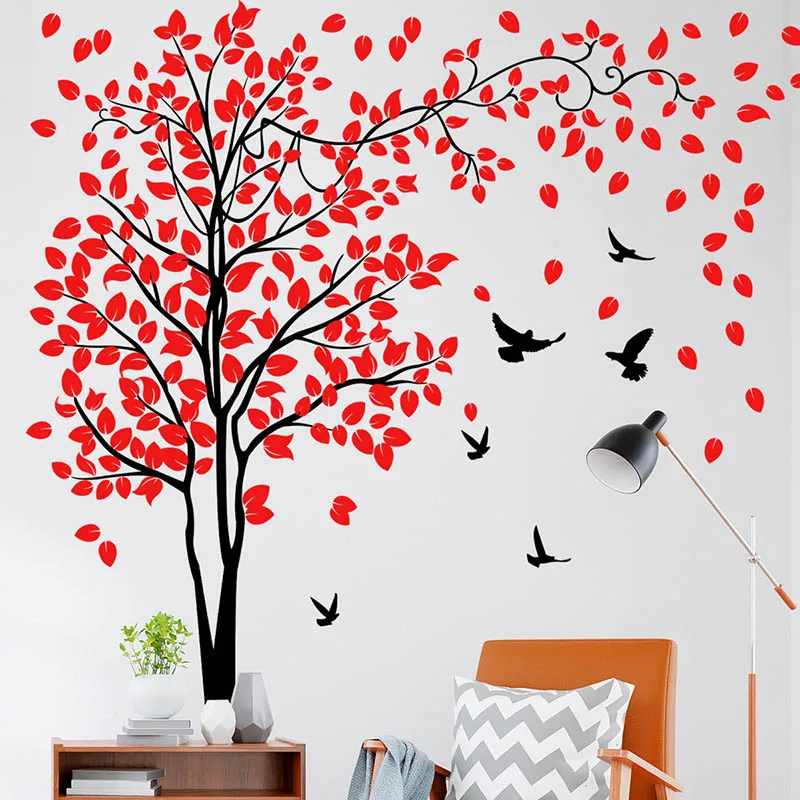 Red Leaves Bird Wall Stickers Removable Vinyl PVC Home Decor Living Room Bedroom