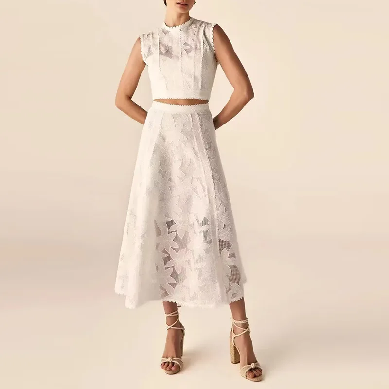 

Women Sexy O-Neck Sleeveless Blouse Crop Tops& Embroidery High Waist A Line Skirts Set2Pcs Retro Sweet Solid Commuter Suit