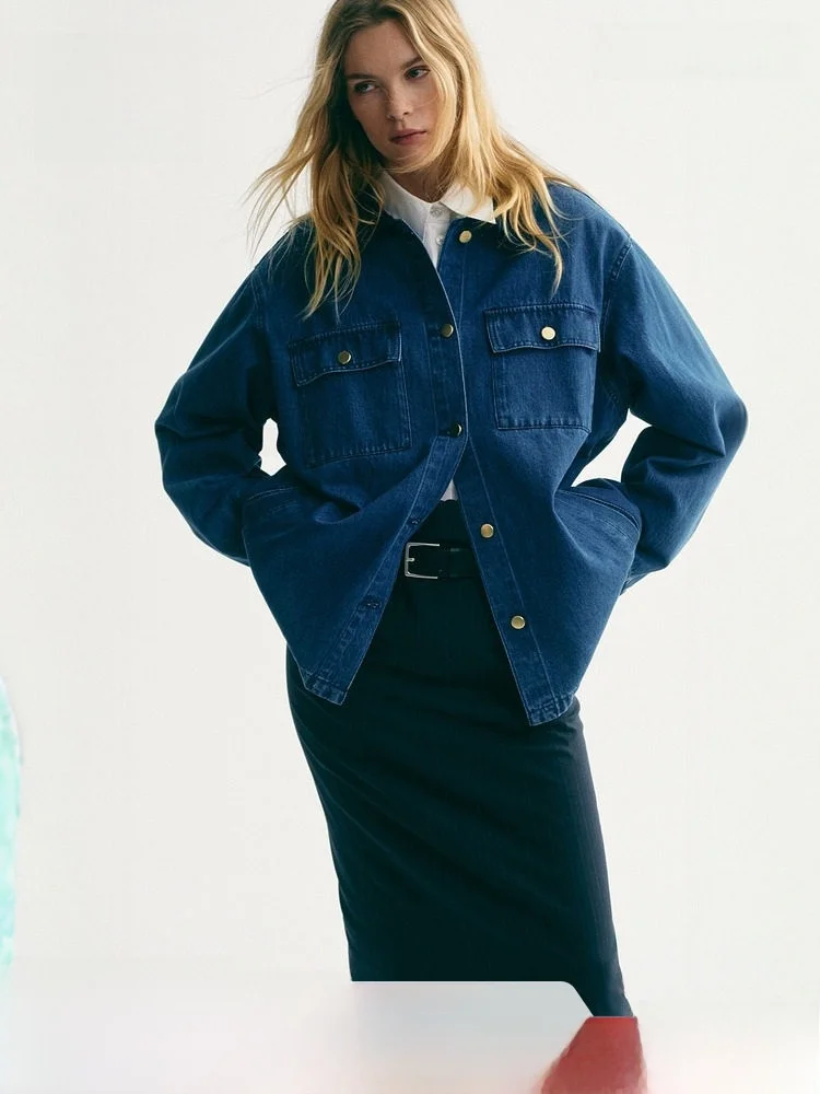 

H&M Spring New Women's Denim Jaet Collar Corduroy Outerwear Loose Fit Cotton Button Detail Versatile Regular Length