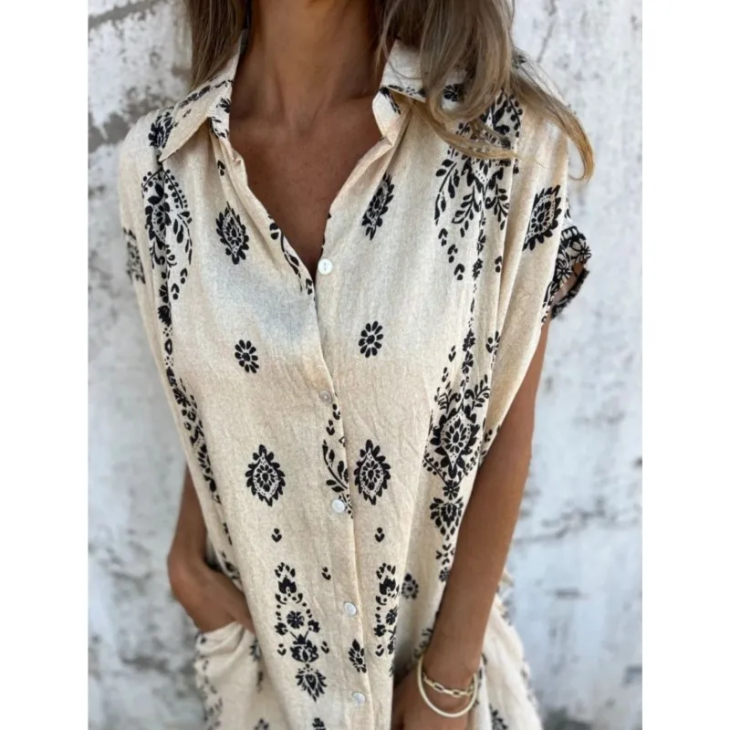 فساتين بوهو مطبوعة على الموضة للسيدات فستان قميص فضفاض بأكمام قصيرة وأزرار فستان لقضاء العطلات على الشاطئ رداء صيفي جديد