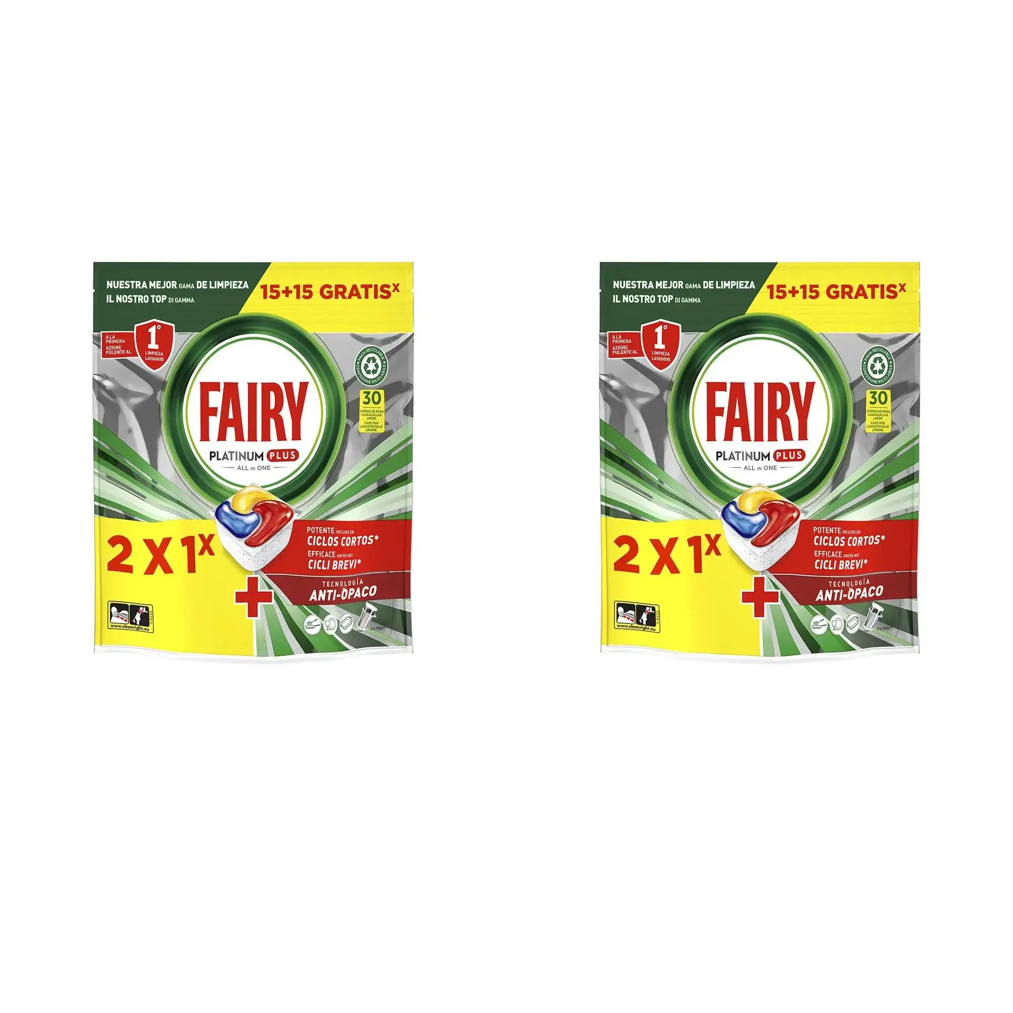 Fairy Platinum 15´+15 Oferta Pack de 2 - Eliminador de grasa y suciedad eficaz