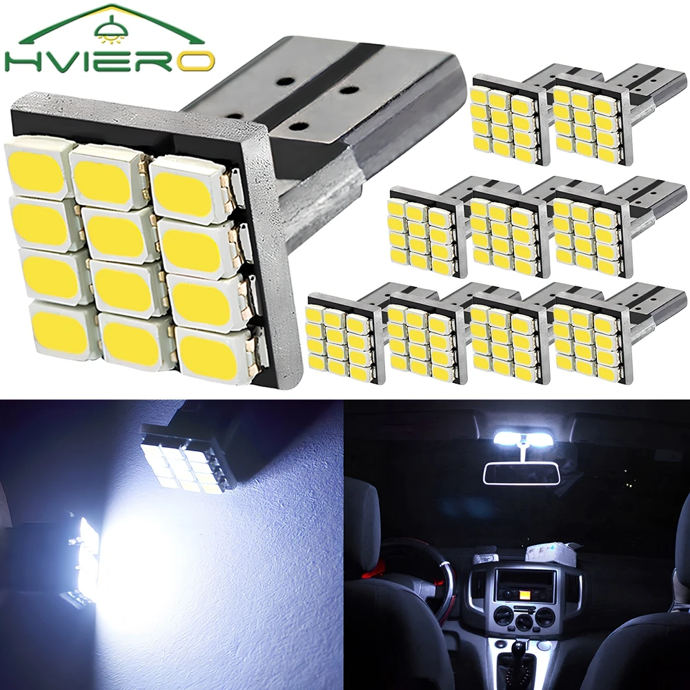 10PCS T10 W5W 12SMD 1206 Car Wedge White LED DC 12V Canbus No Error Decoder External Lights License Plate Lamp Corner Backup Led