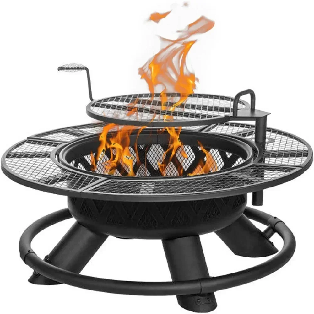 47" Fire Pit Table with Adjustable Grill Top, Safety Ring, Cooking Grate, Steel Wood Burning Fire Pit Table