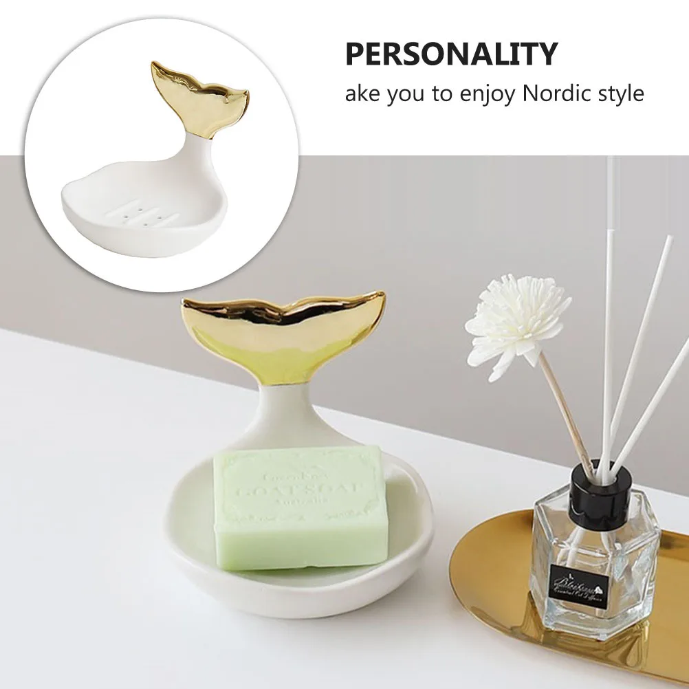 

1Pcs White Ceramic Bathroom Soap Holder Fishtail Shape Modern Soap Tray Stylish Storage Box Pottery Ring Holder
