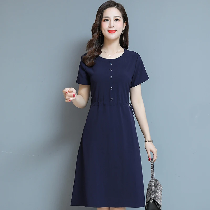 

2023 New Women Summer Long Dress Slim Vintage Dress Women High Quality O-Neck Solid Short Sleeve Casual Dress