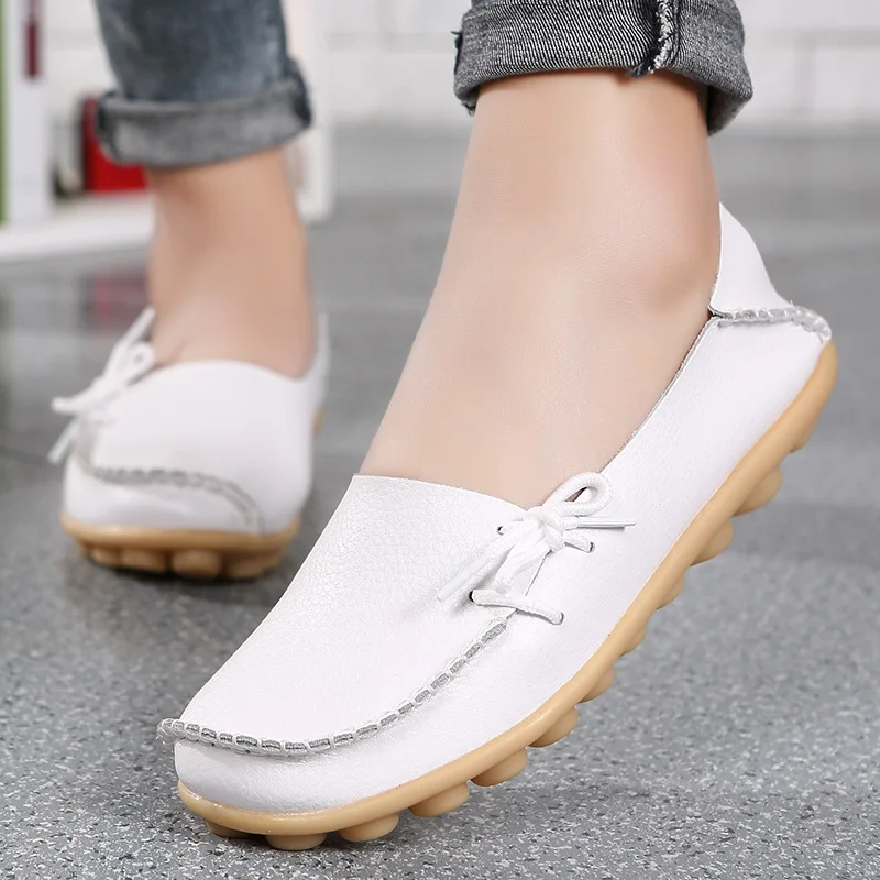 Flat Shoes Women Autumn Loafers Genuine Leather Female Shoes Slip on Ballet Bowtie Women\'s Shoes Big Size Shoes for Women