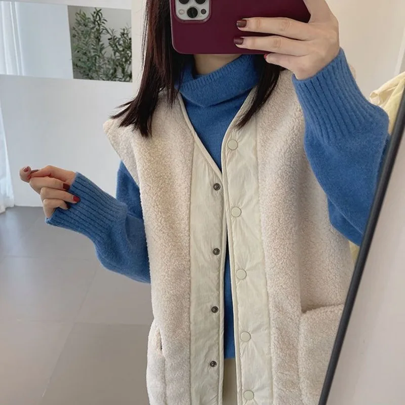 Lambswool Vests Spring Autumn Two Sides Wear Solid Loose All-match Soft Sleeveless Outerwear Stylish Casual Simple Korean Style