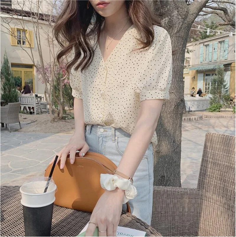 PLAZSON Summer Short Sleeve Women Shirt V Neck Polka Dot Print Blouse Casual Korean Style Tops Chemisier Femme 셔츠 & 블라우스 blusas