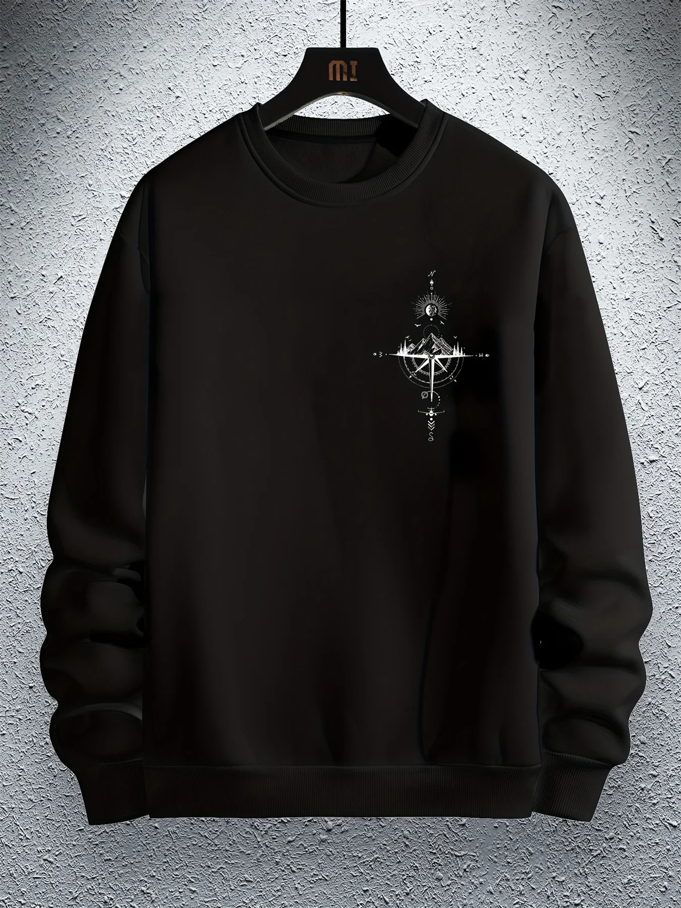 Outono e inverno masculino moda casual solto montanha e bússola impressão gráfica manga comprida em torno do pescoço moletom