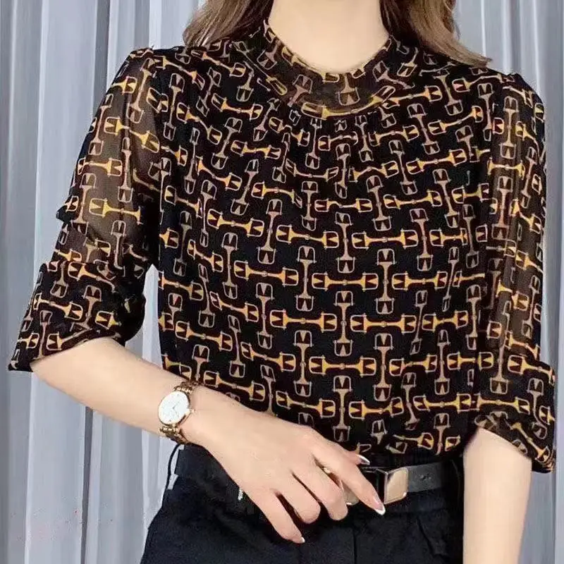 2024 Spring Autumn Commute Half High Collar Plaid Fashion Printed T-shirt Patchwork Female Clothing Long Sleeve Gauze Pullovers