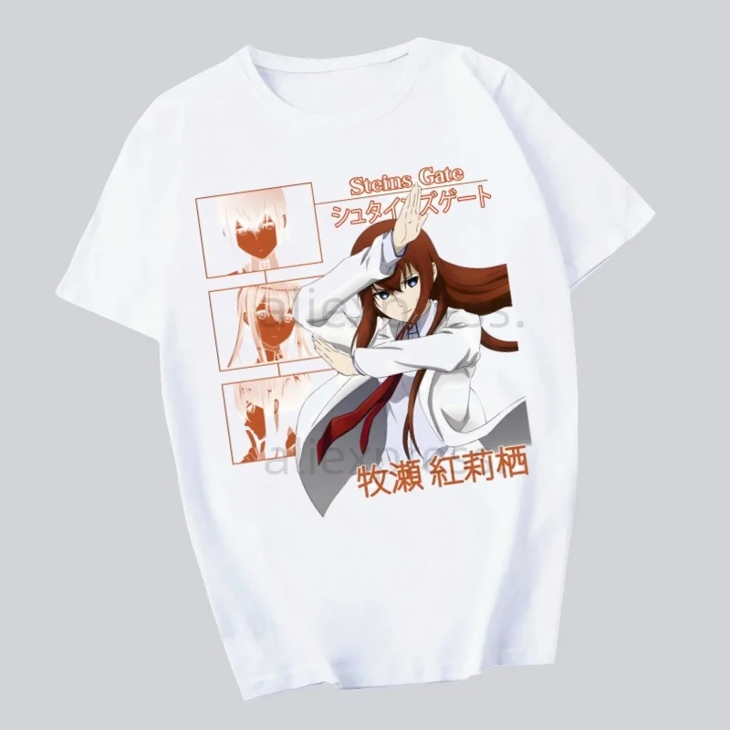 ستينز بوابة أنيمي Okabe Rintarou Makise Kurisu أحدث صيحات الموضة الرجال التي شيرت الصيف موضة تي شيرت عادية الأبيض مضحك الكرتون طباعة