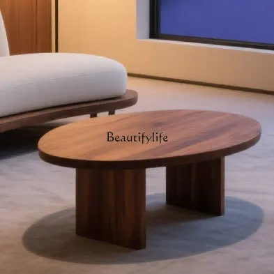 

Chinese minimalist curved leather sofa solid wood round coffee table