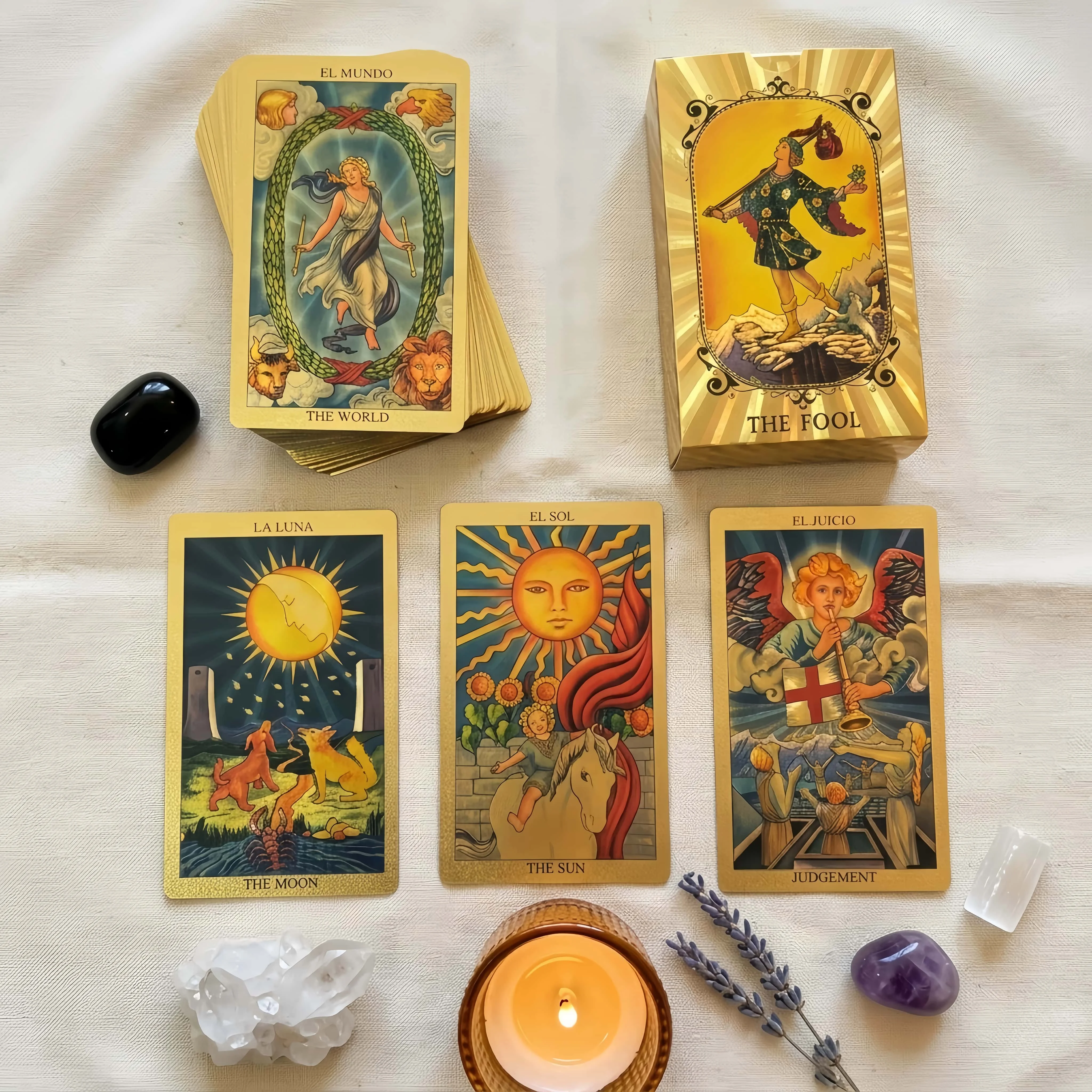 Spanish-English Bilingual Tarot Cards, PVC Gold FoilDesign, Beginner Fortune-TellingCards, Personal Collection