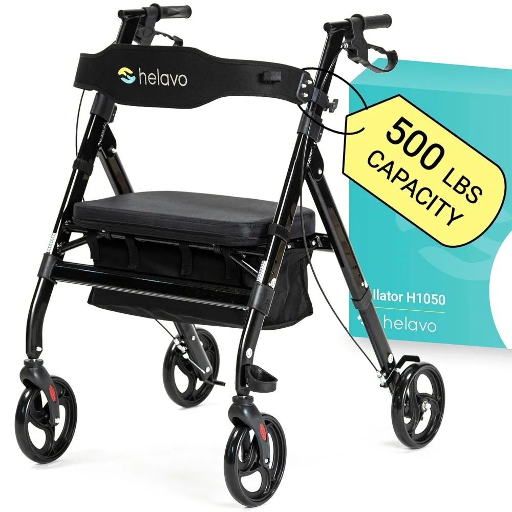 Bariatric Walker with Large, Height-Adjustable Seat, 500 lbs Weight Capacity,  8-inch Wheels