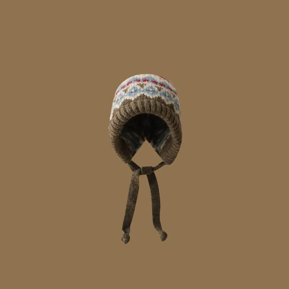 

Cute With Strap Jacquard Knitting Hat Wind-Resistant Warm Pullover Bonnets Lace up Ear Protection Beanies Cap