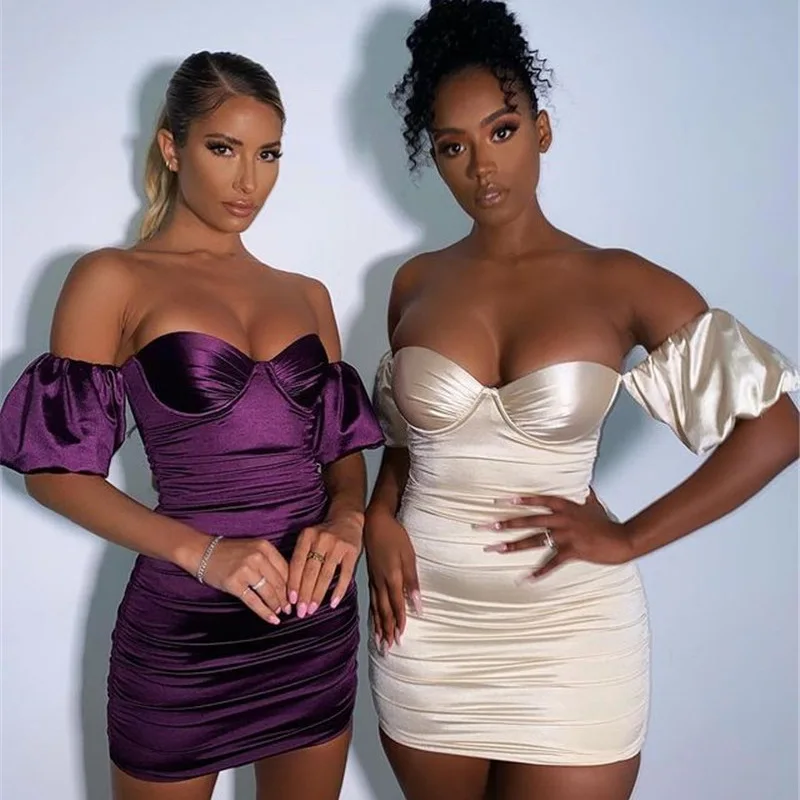 2024 Neues Satin-elegantes kurzes Kleid, Röhrenoberteil mit Laternenärmeln, sexy, schlankmachendes, einfarbiges Kleid