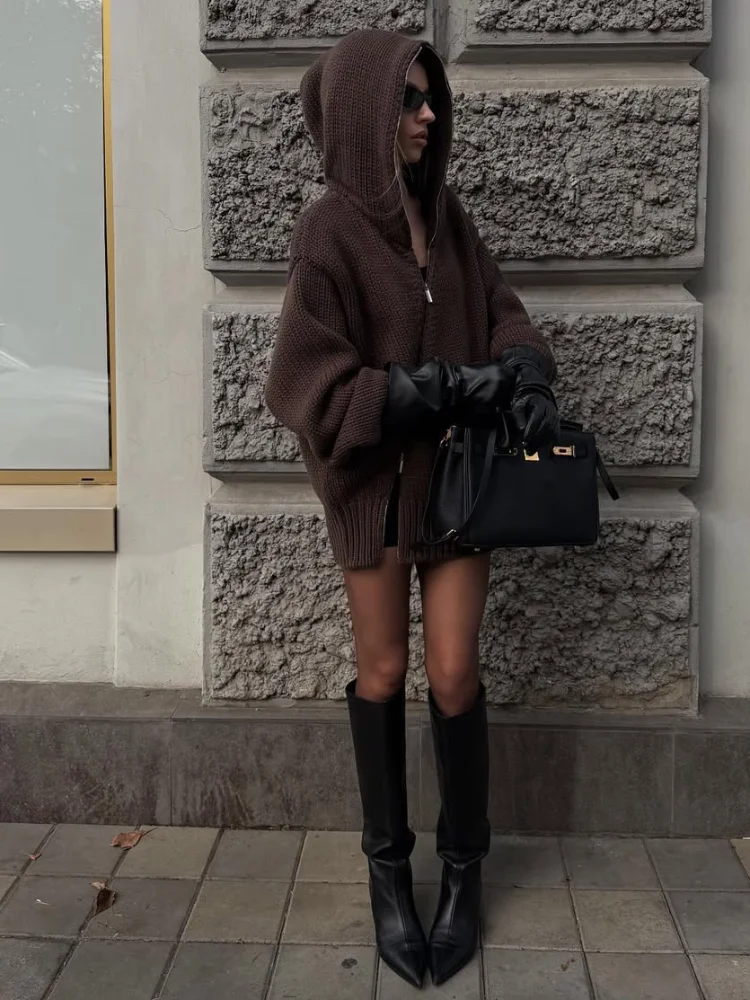 

Casual Brown Hooded Knitted Cardigan Women Casual Two-way Zipper Full Sleeve Loose Short Cardigans Lady Daily Commute Knitwear