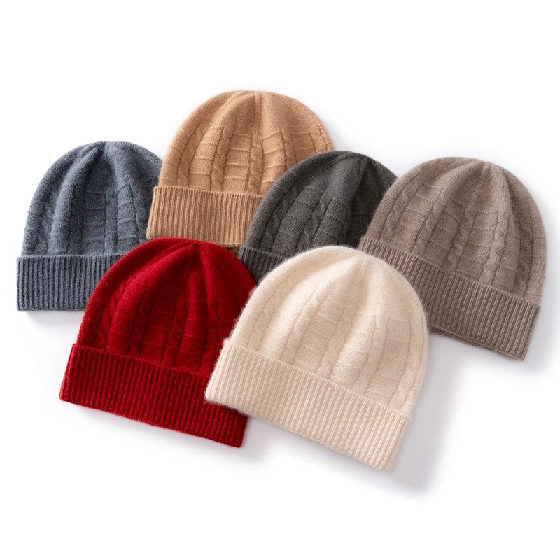 Women's Thickened 100% Cashmere Knitted Hat Korean Style Autumn Winter Warm Heavy Jacquard Solid Color Versatile Fashionable Lay