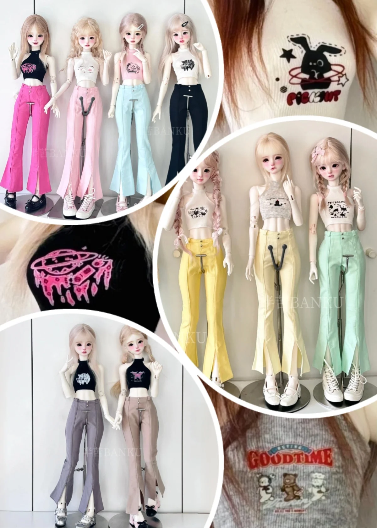 【30 Tage hergestellt】1/3 1/4 1/6 BJD-Puppe, handgefertigtes, kurz geschnittenes Oberteil mit Print, Schlaghosen mit geteilten Beinen, passend für Mädchen-Actionfiguren, Modellspielzeug
