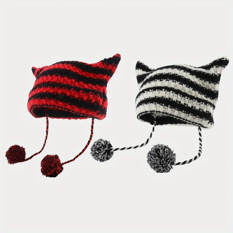 

Japanese Cat Ear Knit Hat With Devil Design Black White Stripe Face Slimming For Men Women Winter Warm Fashion