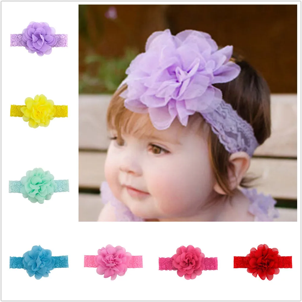 

200 шт., оптовая продажа, головные уборы для девочек, европейские и американские хиты продаж, шифоновый цветок с эластичным кружевом, детская повязка на голову