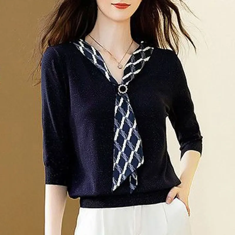 Casual Drawstring Beading Knitted Shirt Spring Autumn Long Sleeve Female Clothing Stylish Sequined Korean V-Neck Loose Blouse