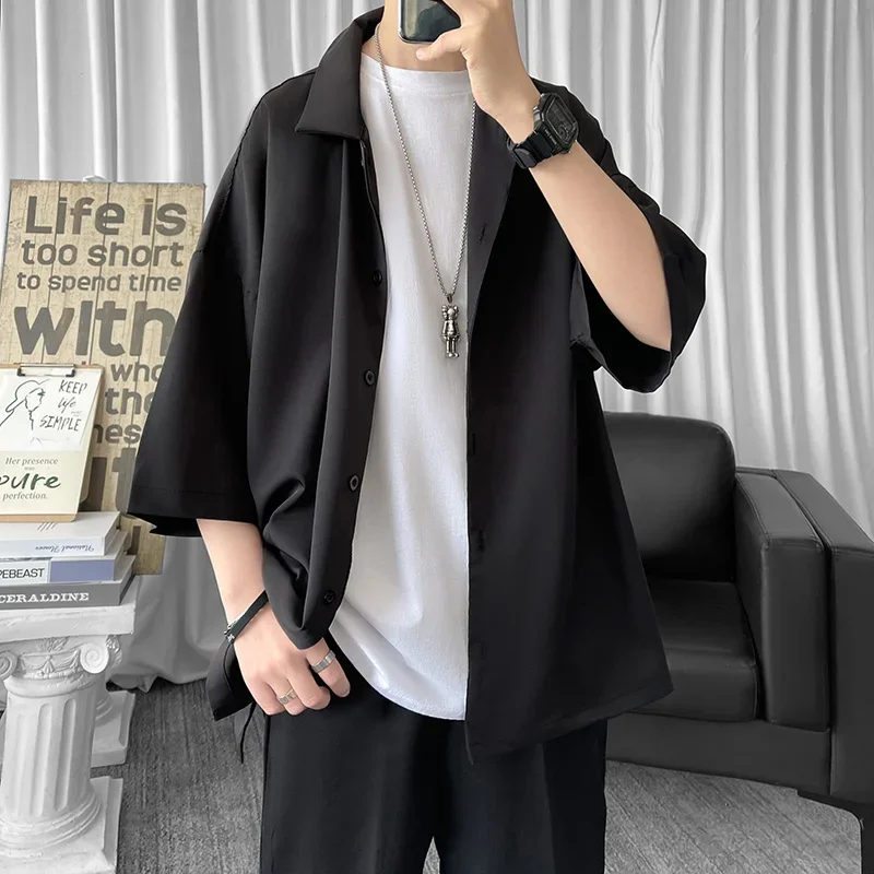 

Solid Color Oversized Men's Shirts Harajuku Men Casual Half Sleeve Shirt Tops Cool Summer Streetwear Man Blouse 6 Colors