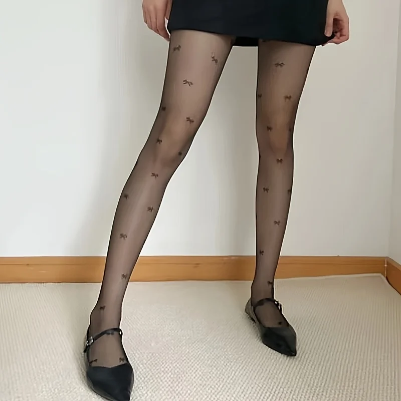 1 pair of sweet and spicy silk stockings with bow pattern, showcasing beautiful legs and possessing charming and lovely charm