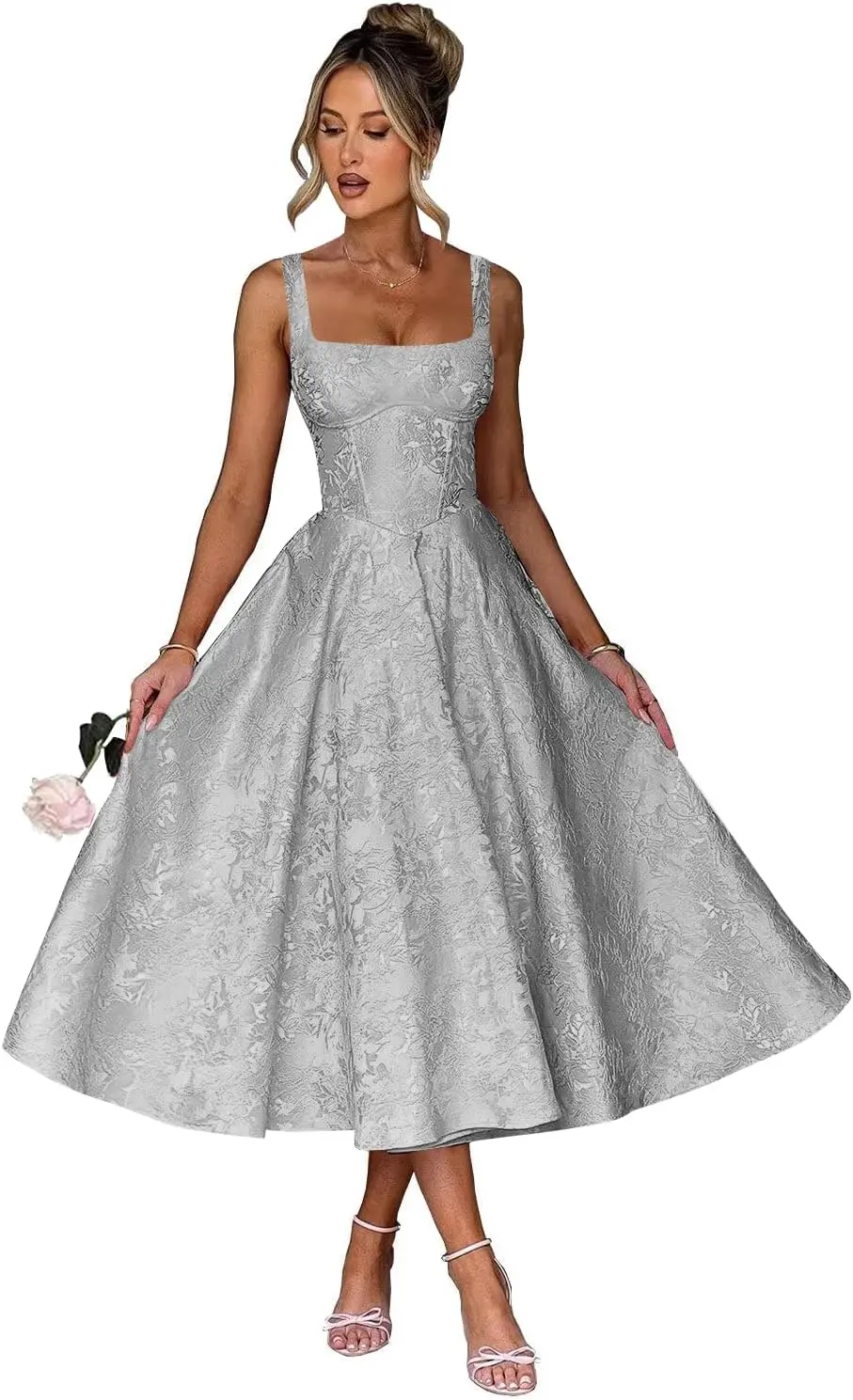 

Floral Satin Jacquard Prom Dresses 2025 A-Line Tea Length Midi Square Neck Evening Party Gown with Pockets for Women