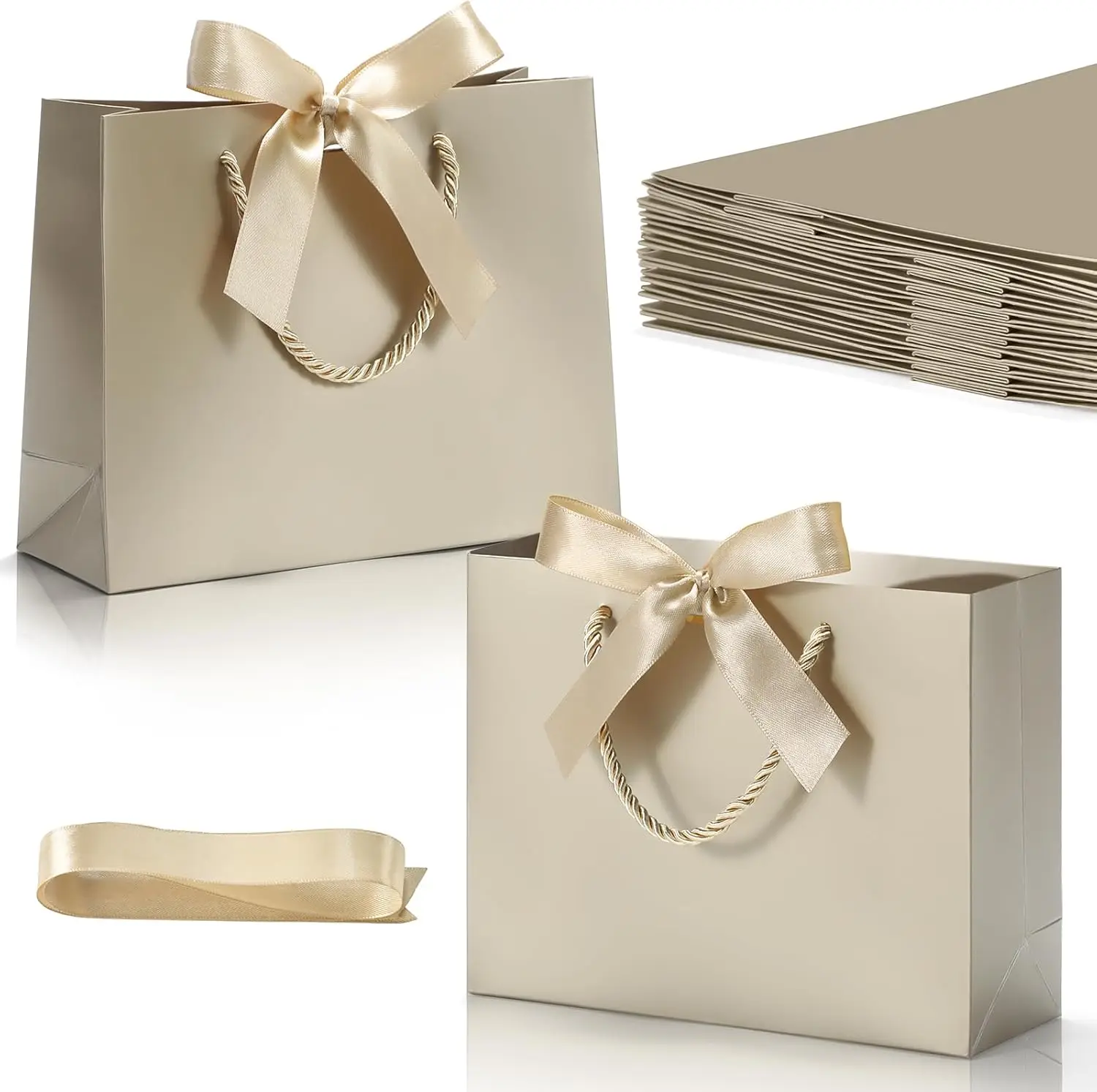 3/6/12 Stück Champagner-Geschenktüten mit Griffen, elegante Geschenktüten mit Schleifenband, Papier-Partytüten für Hochzeit, Brautparty, Babyparty, Geburtstag, Dankeschön