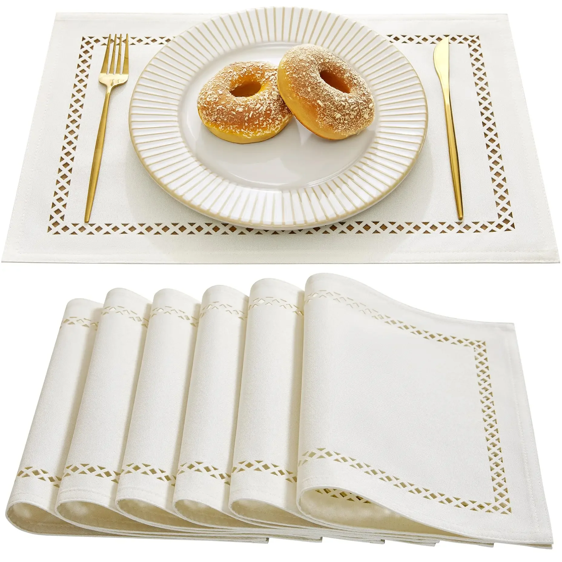 Burlap Placemats Set of 6,12 x 18 Inch Rustic Geometric Hollow Place Mats,Heat Resistant Placemats for Home Kitchen Table Decor