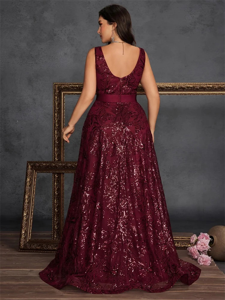 Lucyinlove Plus Size Luxury Deep V-Neck Sequins Evening Dresses Women Elegant V-back Wedding Party Long Prom Cocktail Gowns