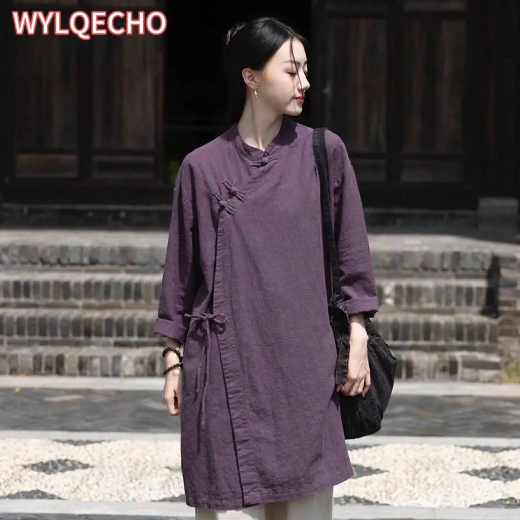 

2024 chinese improved cheongsam dress plate button chinese shirt top tea dress zen style tea art cotton linen cheongsam dress