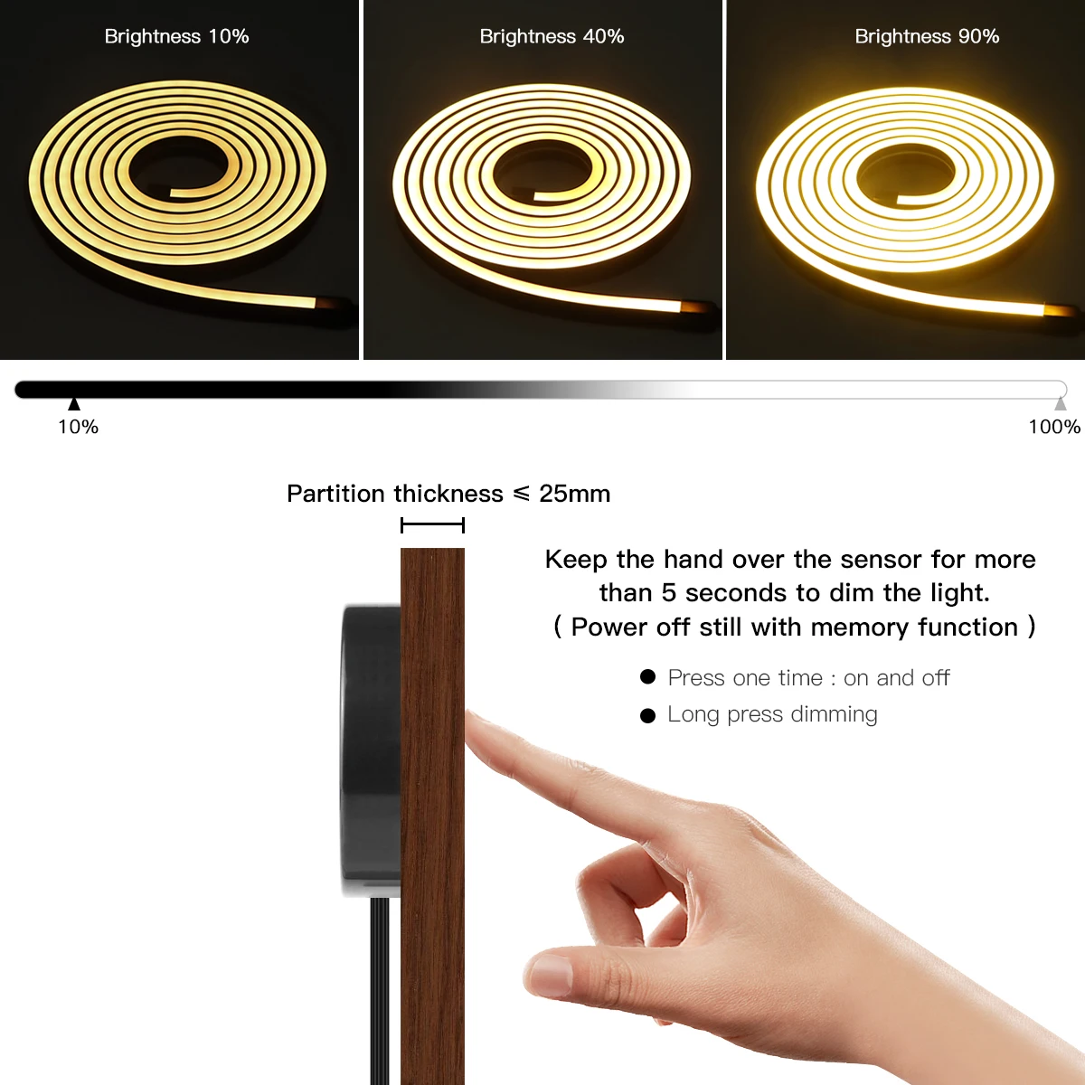 24V Black Tube Neon Light Penetrable Wood Touch Dimmable Hand Scan Motion Sensor LED Light Tape Bedroom Kitchen Cabinet Lights