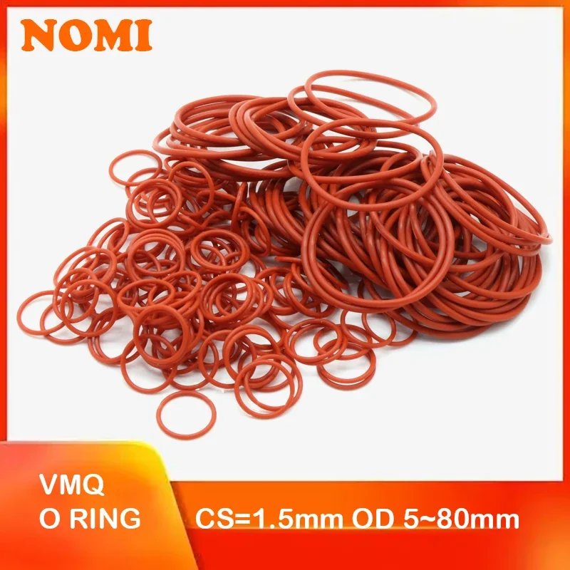 

10/50Pcs Food Grade VMQ O Ring Gasket CS 1.5mm OD 5 ~ 80mm Waterproof Washer Round O Shape Rubber Silicone Ring Red