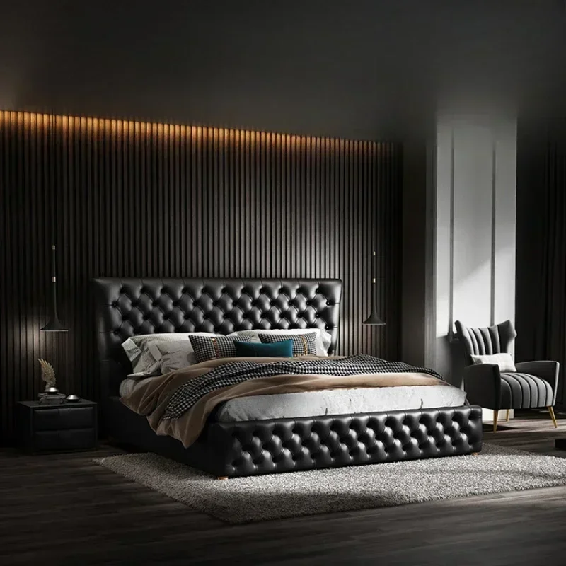 Italian Modern Leather Bed Frames Black Master Bedroom Double Bed Frames Minimalist Storage Cama Matrimonial Furniture Home